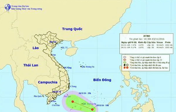 Thời tiết ngày 03/11/2016: Áp thấp nhiệt đới mạnh lên thành bão 1