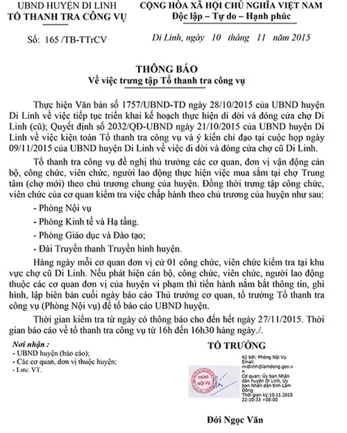 Văn bản cấm cán bộ, công chức đi chợ cũ Di Linh vi phạm các quy định pháp luật nào?
