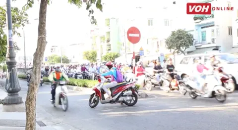 Xe máy vô tư đi ngược chiều