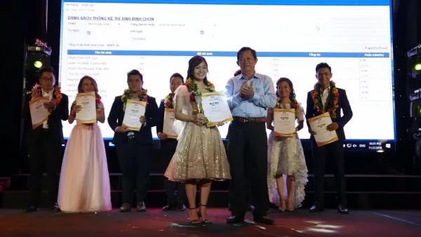 Ông Vương Quyền - Phó Giám đốc Đài TNND TPHCM trao giải Thí sinh được yêu thích nhất cho Nguyễn Thị Hoài Linh. 