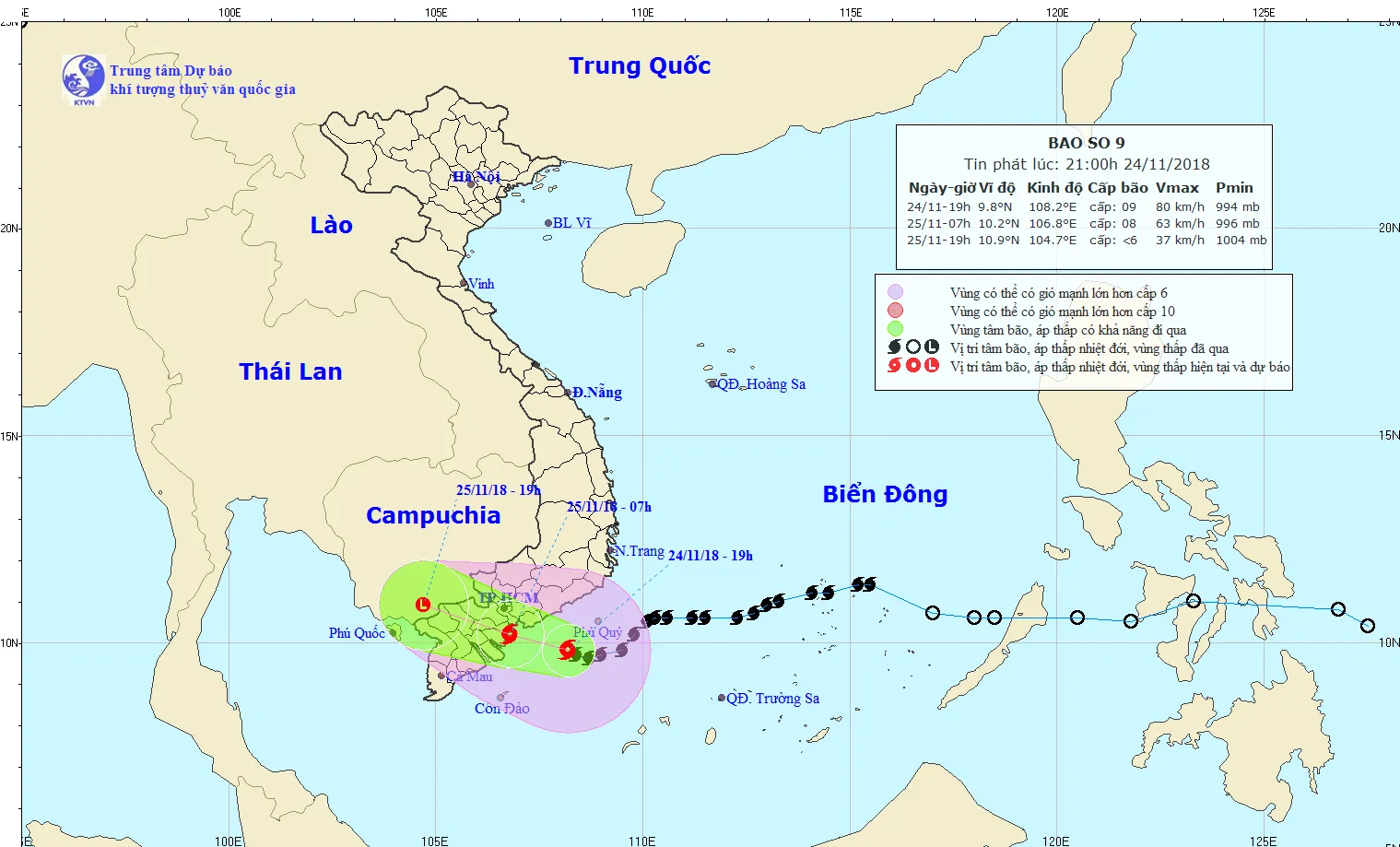 Dự báo thời tiết : Sớm mai 25/11, bão số 9 đi vào đất liền các tỉnh từ Nam Bình Thuận đến Bến Tre