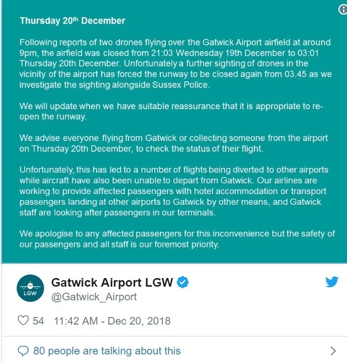 Tin nóng ngày 20/12/2018: Sân bay Anh tê liệt vì thiết bị bay không người lái