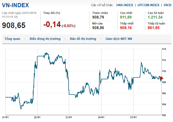 Thị trường chứng khoán 25/1/2019: Vn-Index giằng co mạnh quanh mốc 910 điểm