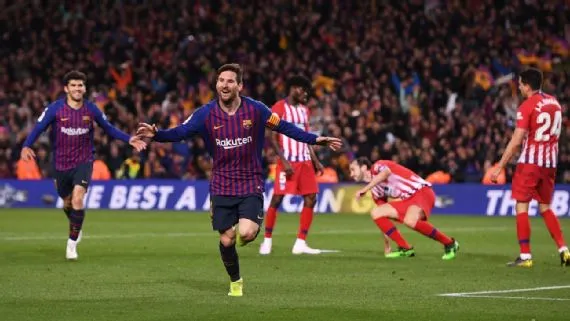 Messi ăn mừng bàn thắng ấn định chiến thắng cho Barcelona trong cuộc tiếp đón Atletico Madrid.
