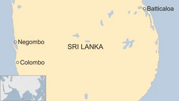Vị trí xảy ra các vụ nổ ở Sri Lanka.