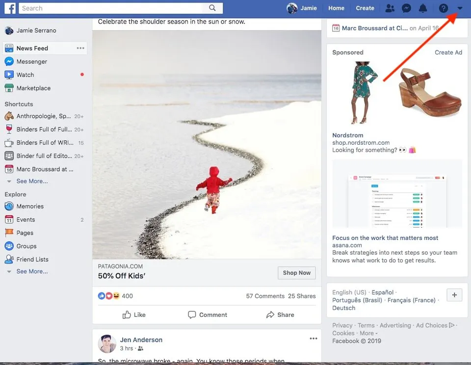 Click the arrow to display Facebook’s main menu