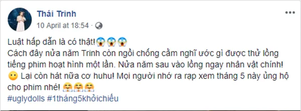 Thái Trinh chia sẻ niềm vui khi được lồng tiếng cho phim hoạt hình Hội Thú Bông Ngộ Nghĩnh trên facebook cá nhân