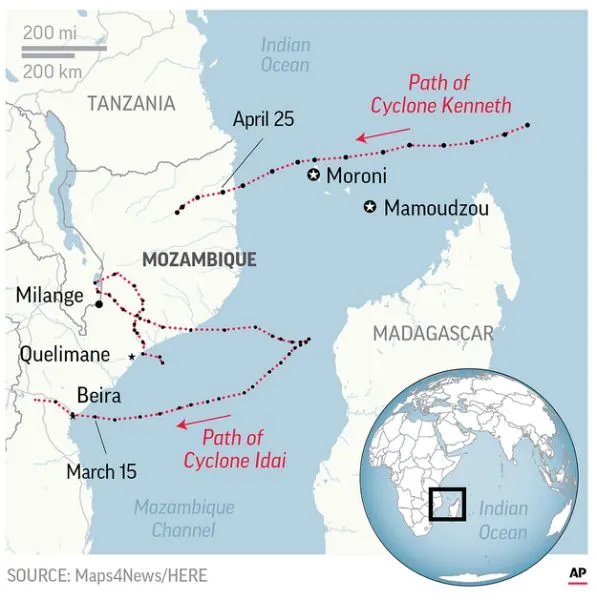 Sơ đồ di chuyển của bão nhiệt đới Kenneth, cơn bão thứ 2 đổ bộ vào Mozamique.