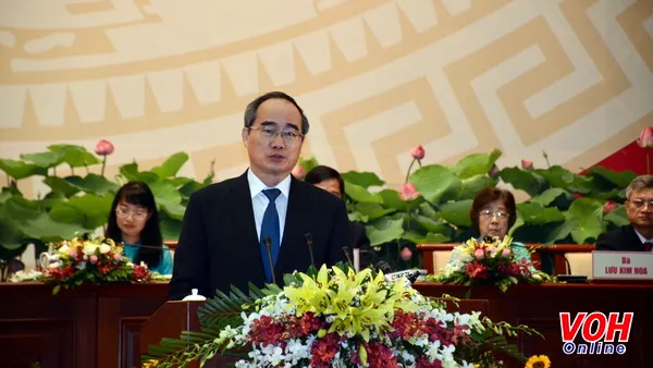 Ông Nguyễn Thiện Nhân - Ủy viên Bộ Chính trị, Bí thư Thành ủy Thành phố Hồ Chí Minh phát biểu tại đại hội.