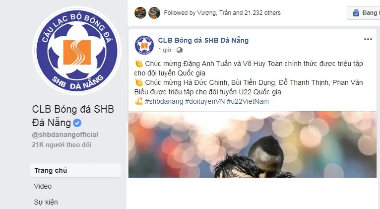 Trang facebook có dấu tích xanh của SHB Đà Nẵng xác nhận Võ Huy Toàn trở lại ĐTQG