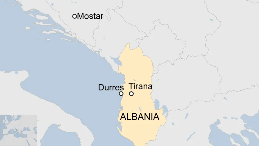 Sơ đồ vị trí 2 thành phố Tirana và Durres chịu thiệt hại nặng nề trong trận động đất sáng nay. Đây được xem là trận động đất mạnh nhất tại Albania trong vòng 3 thập kỳ qua. Nguồn: BBC