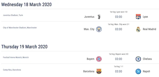 Các cặp đấu lượt về vòng 1/8 Champions League 2020 diễn ra vào ngày 18, 19/2: