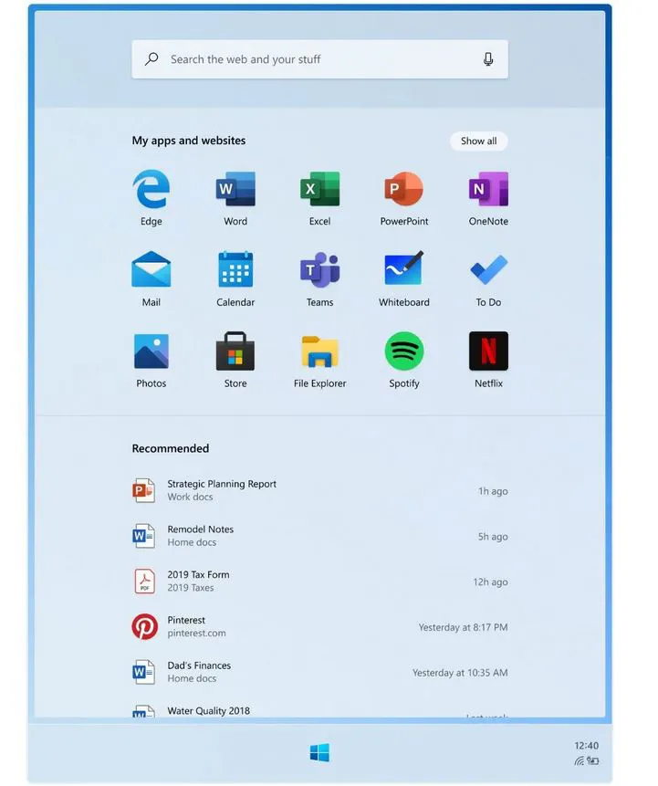 Start menu windows 10X