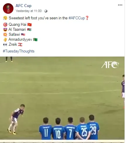 Quang Hải được trang fanpage của AFC Cup vinh danh