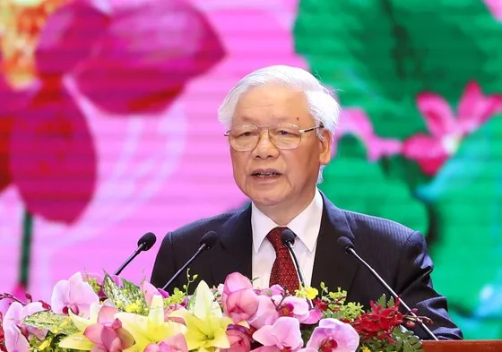 Tổng Bí thư, Chủ tịch nước Nguyễn Phú Trọng đọc Diễn văn tại Lễ kỷ niệm. Ảnh: QUANG PHÚC