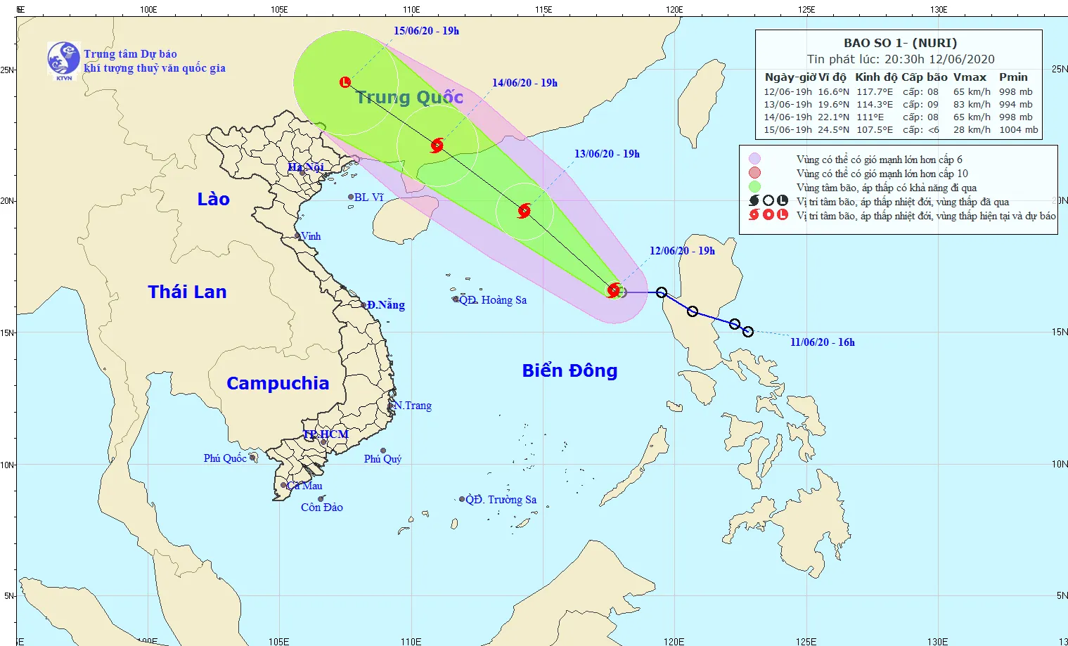 Vùng nguy hiểm trên Biển Đông trong 24 giờ tới (gió mạnh cấp 6, giật cấp 8): Phía Đông kinh tuyến 112,0 độ Kinh Đông; từ vĩ tuyến 15,5 độ Vĩ Bắc đến 21,0 độ Vĩ Bắc.