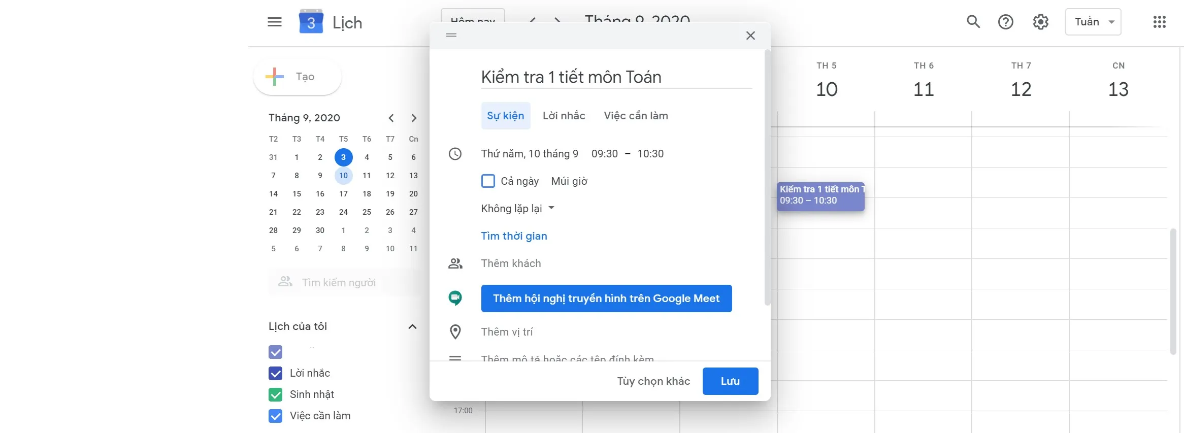 Note lịch kiểm tra, thi vào Google