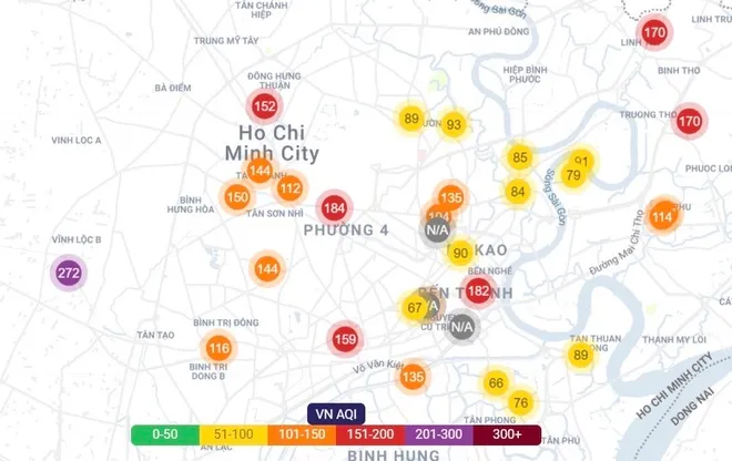Chất lượng không khí nhiều khu vực ở TP.HCM ở ngưỡng xấu
