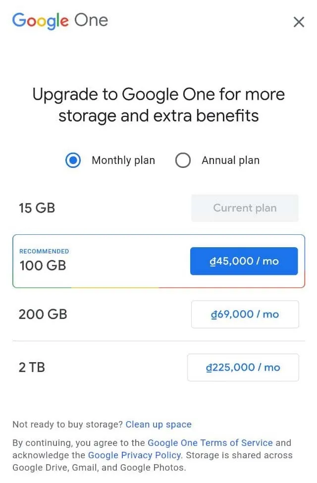 Giá mua lưu trữ Google Photos 