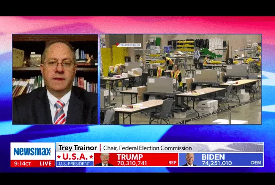 Chủ tịch Ủy ban Bầu cử Liên bang Mỹ Trey Trainor trả lời phỏng vấn trên NewsMax. (Ảnh chụp màn hình)