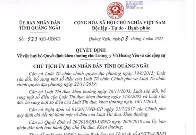 UBND tỉnh Quảng Ngãi hủy bỏ quyết định khen thưởng đối với 
