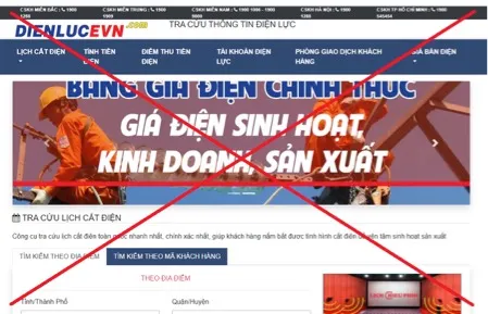 Hình ảnh trang web giả mạo thương hiệu Tập đoàn Điện lực Việt Nam – EVN.