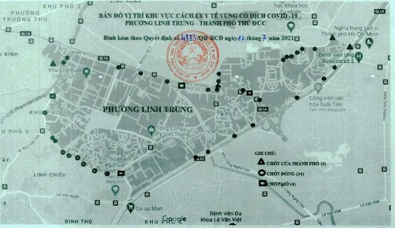 Bản đồ vị trí khu vực cách ly y tế phường Linh Trung