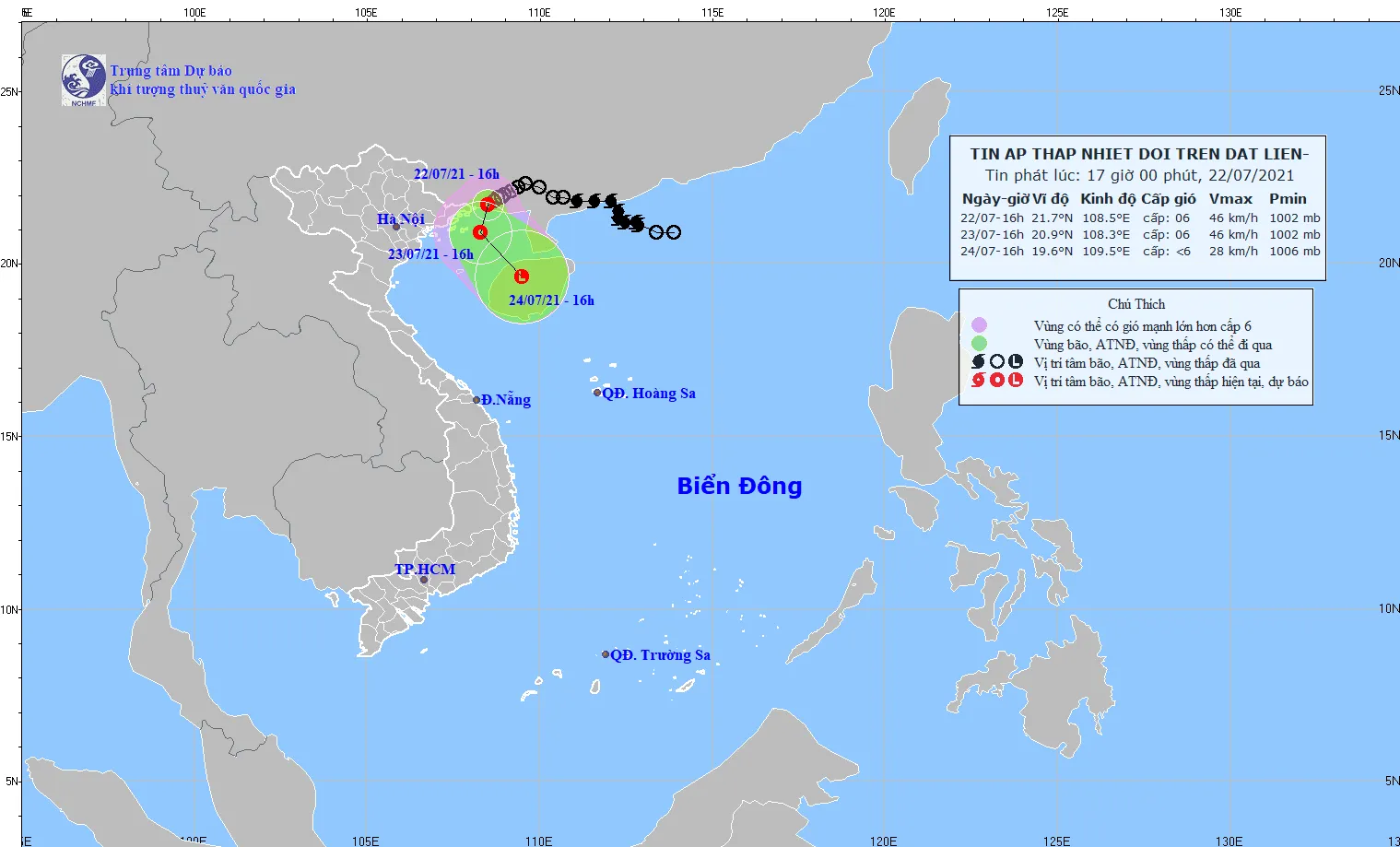 áp thấp nhiệt đới mạnh cấp 6 cách Móng Cái (Quảng Ninh) khoảng 60km về phía Đông Đông Bắc 1