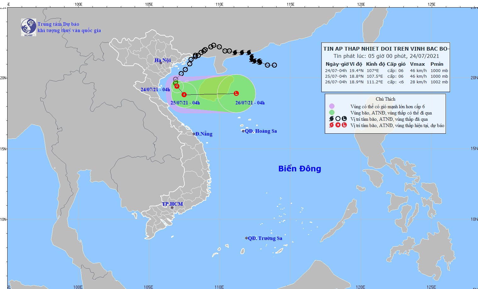 Áp thấp nhiệt đới cách bờ biển Nam Định-Ninh Bình khoảng 120km về phía Đông Nam. 1