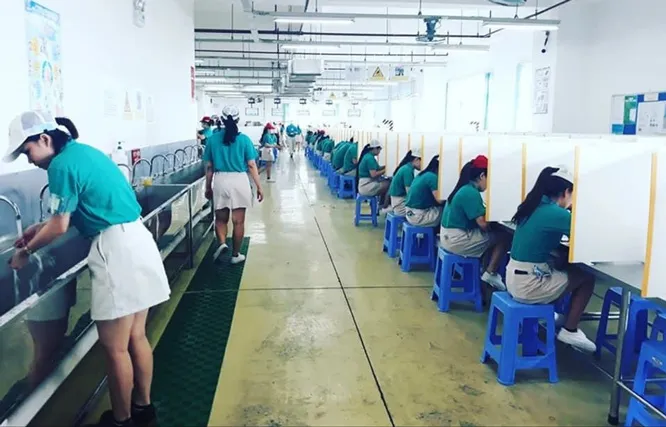 Căng tin công ty TNHH Furukawa Automotive Parts Vietnam tuân thủ khoảng cách và bố trí giờ ăn lệch ca.