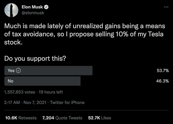 Tỉ phú Elon Musk hỏi người theo dõi Twitter liệu bản thân có nên bán 10% cổ phần tại Tesla hay không - Ảnh chụp màn hình