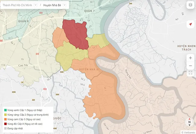 Trên bản đồ COVID-19, huyện Nhà Bè đã chuyển 3/4 sang màu cam, đỏ 2