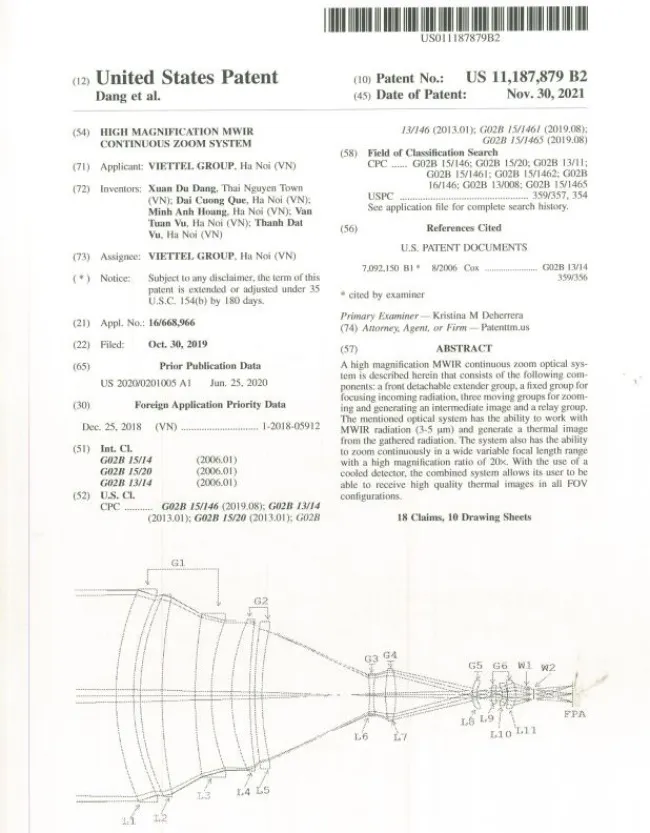 Sáng chế mã hiệu US 11,187,879 về Ống kính hồng ngoại sóng trung zoom liên tục tỷ số zoom lớn