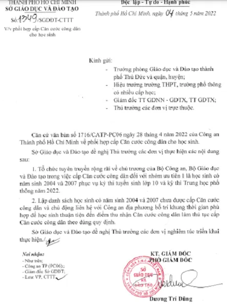 căn cước công dân, học sinh lớp 9, học sinh lớp 12