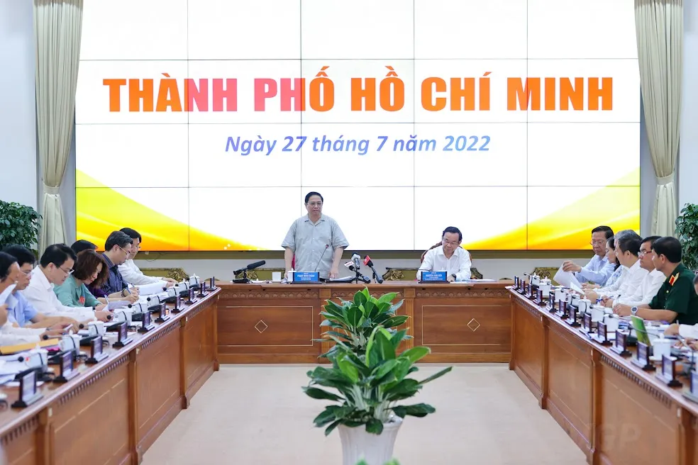 Thủ tướng Chính phủ Phạm Minh Chính và đoàn công tác đã làm việc với lãnh đạo Thành phố Hồ Chí Minh - Ảnh: VGP/Nhật Bắc