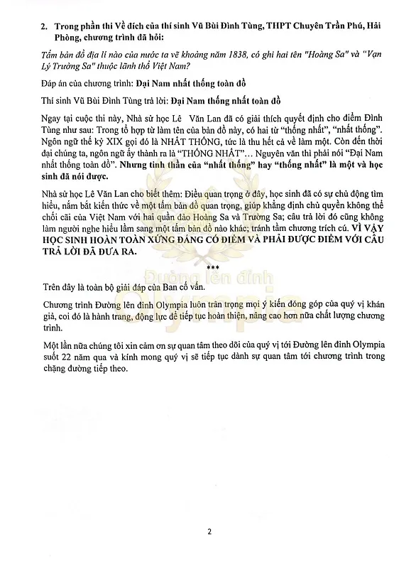 Ban tổ chức Đường lên đỉnh Olympia phản hồi đáp án các câu hỏi gây tranh cãi 2