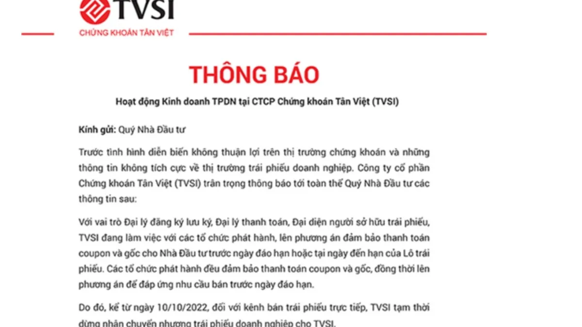 Chứng khoán Tân Việt (TVSI) khẳng định có giải pháp, chính sách đảm bảo quyền lợi nhà đầu tư
