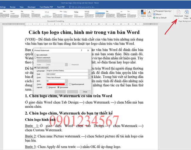 Cách tạo logo chìm, hình mờ trong văn bản Word 2