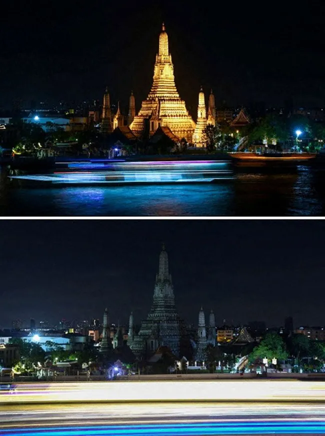 Chùa Bình Minh trước và trong Giờ Trái đất, ở Bangkok, Thái Lan. Ảnh: Reuters