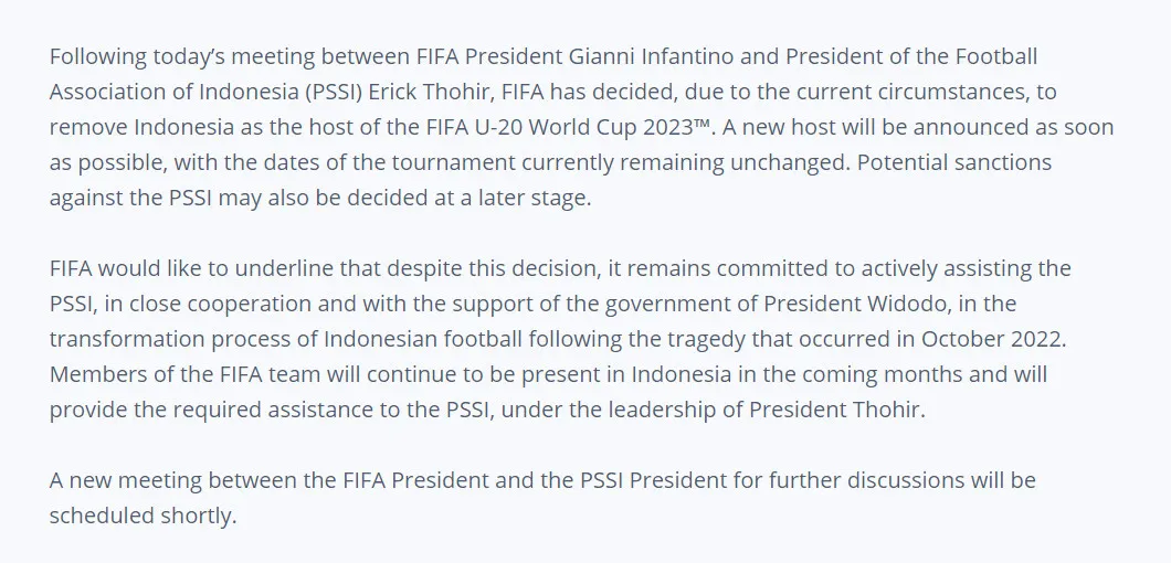 Indonesia chính thức không còn là chủ nhà U20 World Cup 2023