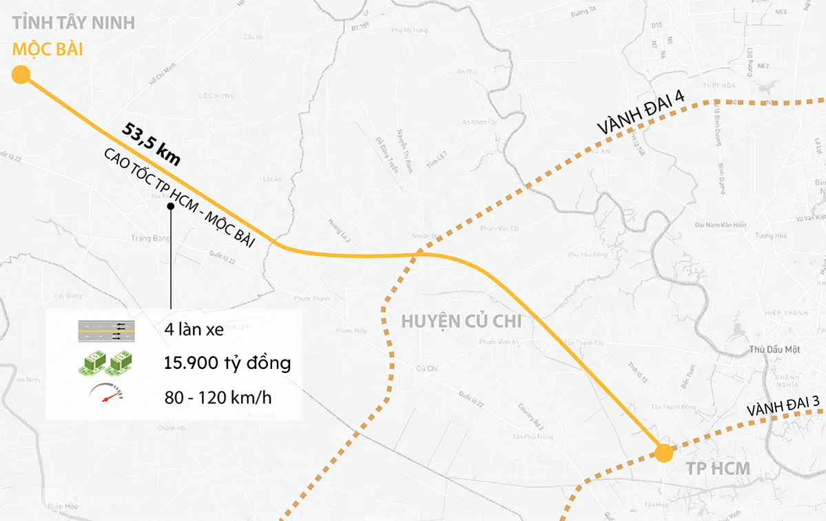 Hướng tuyến cao tốc TP HCM - Mộc Bài theo nghiên cứu năm 2020 - Ảnh:  VNE