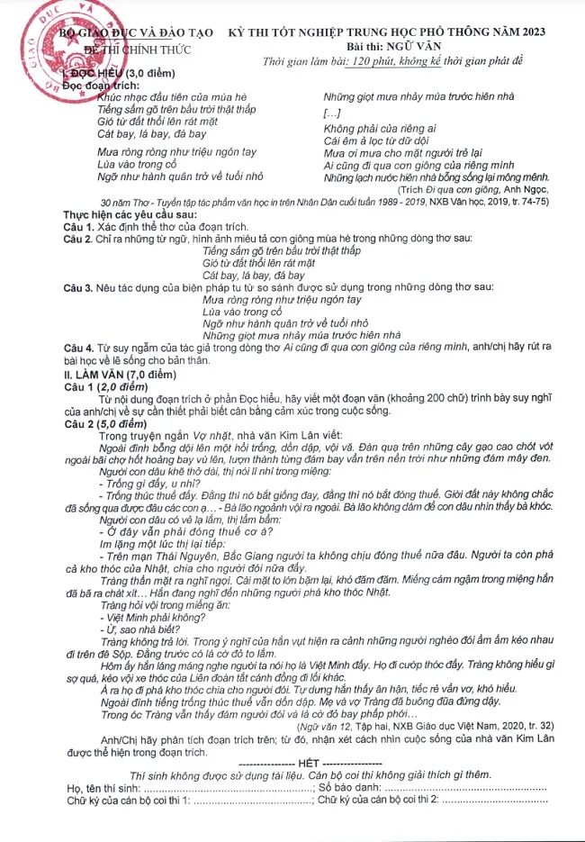 Đáp án, thanh điểm môn Ngữ văn kỳ thi tốt nghiệp THPT năm 2023 từ Bộ Giáo dục và Đào tạo 1