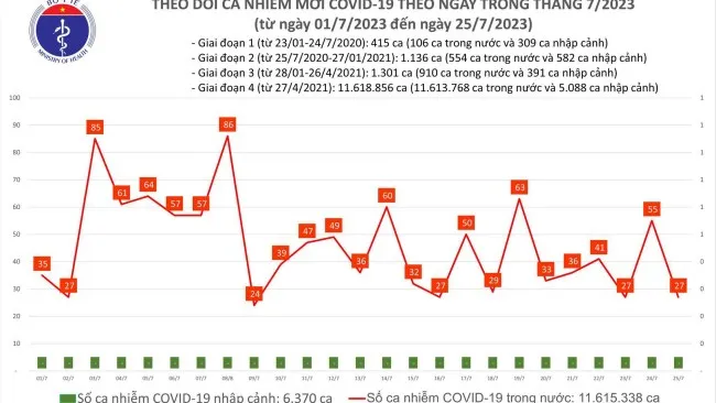 Ngày 25/7: Cả nước có 27 ca mắc Covid-19 mới 1