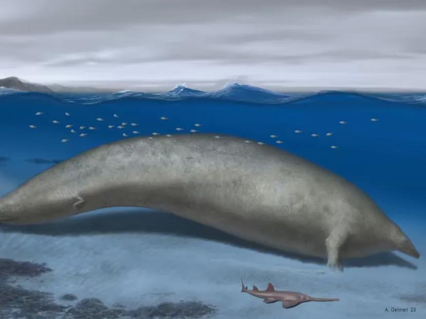 Ảnh so sánh sinh vật vừa được phát hiện và 1 chú cá mập ngày nay - Ảnh: AFP