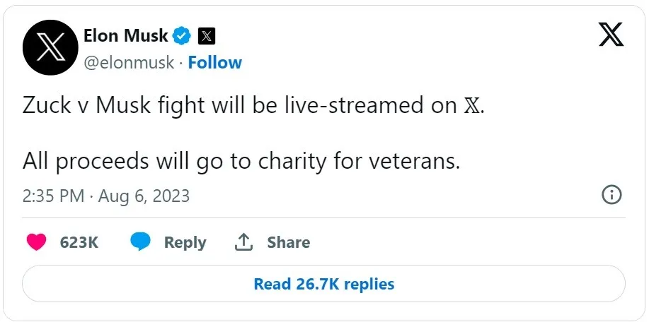 Trận đấu giữa Musk và Zuckerberg sẽ được livestream trên X vào 26/8 tới?