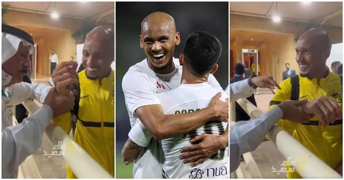 Fabinho vui vẻ nhận món quà từ cổ động viên - Ảnh: Internet