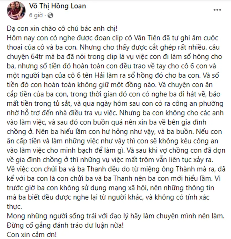 Con gái NSƯT Vũ Linh lên tiếng thông tin bất hiếu, trộm tiền và nhiều lần chửi mắng cha 3