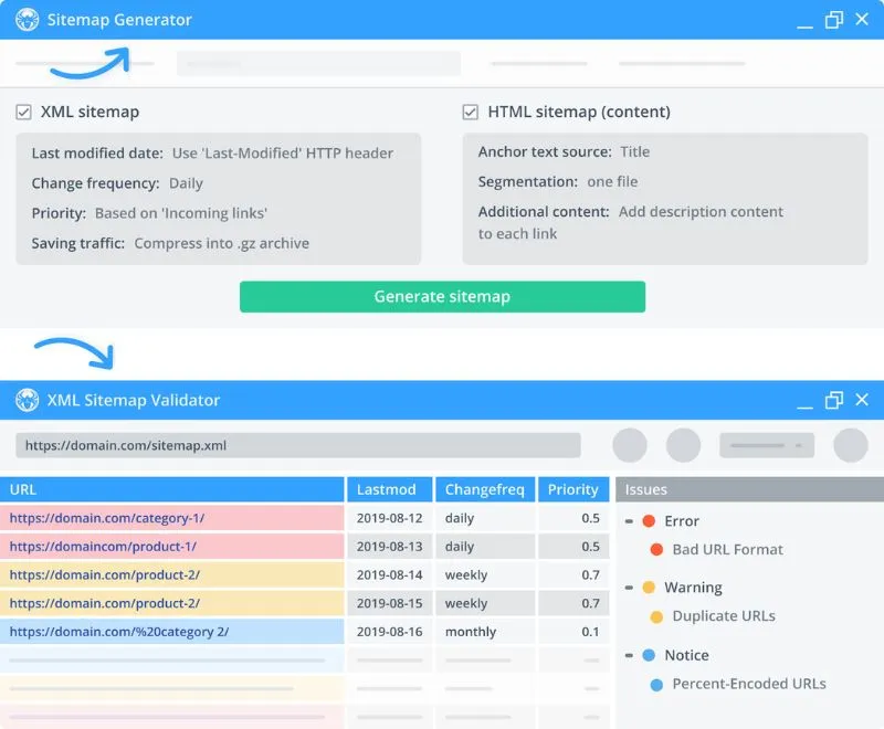 chức năng tạo và xác thực sitemap