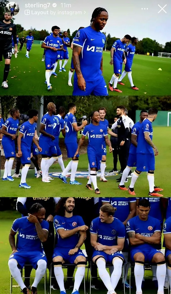 Bài đăng của Sterling trên MXH cho thấy dàn sao Chelsea tỏ ra vui vẻ trong buổi chụp hình - Ảnh: Internet