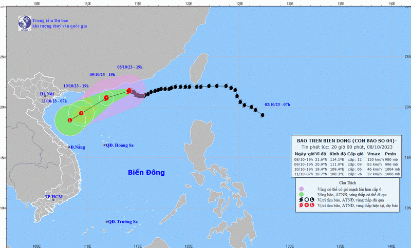 Bão số 4 tiếp tục suy yếu, di chuyển chậm về hướng Vịnh Bắc Bộ 1